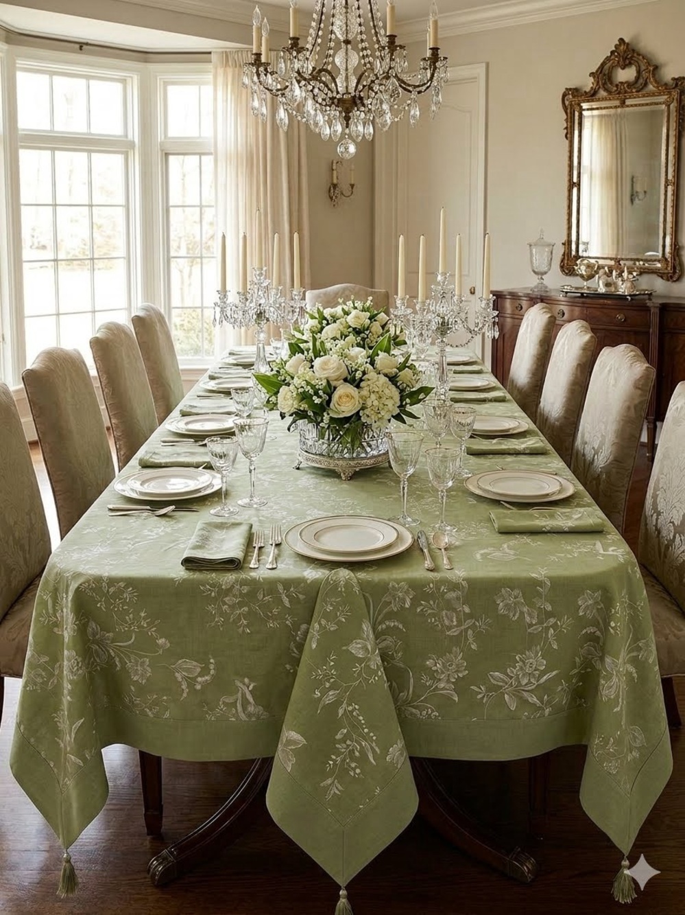 Williams Sonoma Jacquard Floral Rabbit Sage Green Linen Blend Tablecloth 113”x70